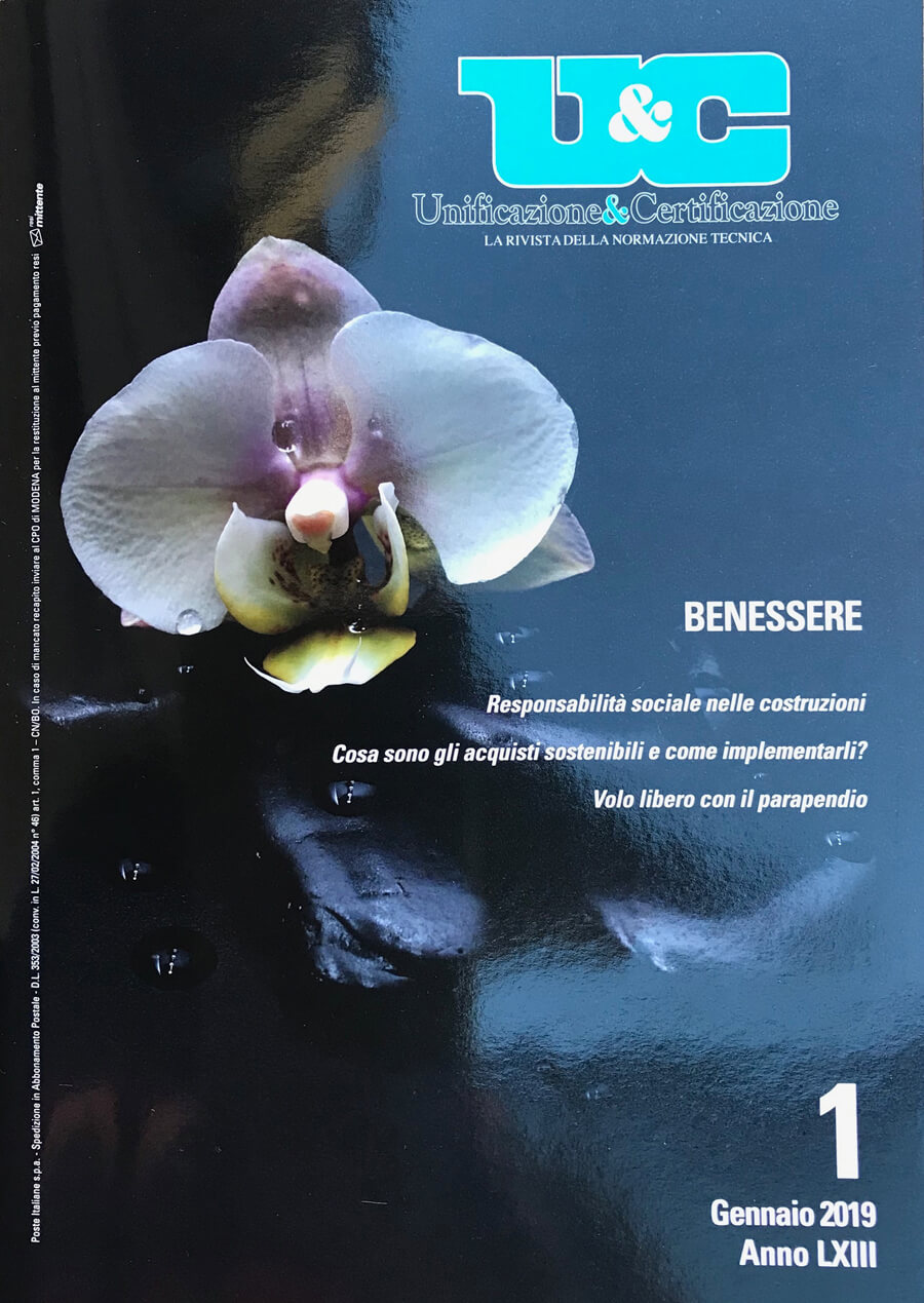Cover della rivista Unione & Certificazione Gennaio 2019 contenente articolo del dr. Morandi su normazione Ayurveda