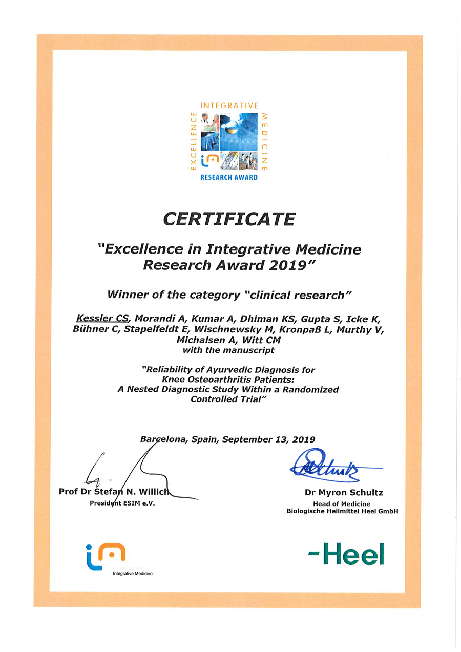 Certificato dell'ESIM Award 2019 per lo studio sull'osteoartrite al ginocchio