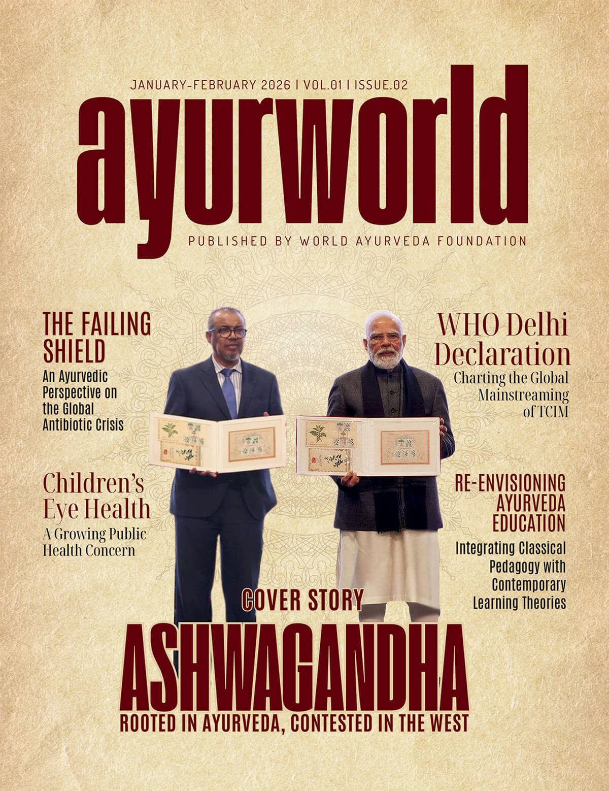 Copertina della rivista AyuWorld Jan–Feb 2026 con focus sull’Ashwagandha, medicina ayurvedica sistemica e confronto con i modelli regolatori occidentali