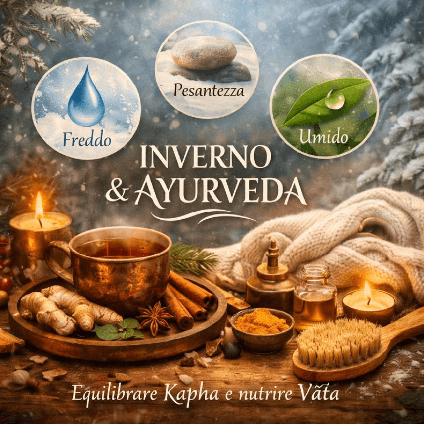 Rituale ayurvedico invernale con tisana speziata per equilibrare Kapha e nutrire Vāta