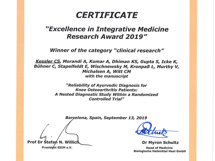 Certificato dell'ESIM Award 2019 per lo studio sull'osteoartrite al ginocchio