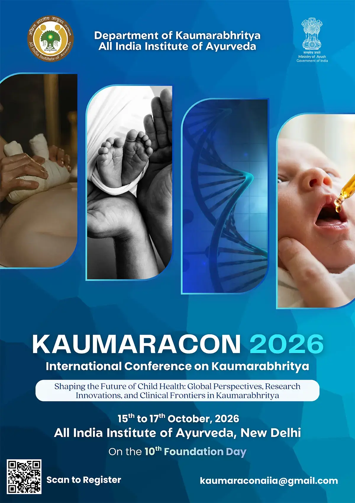 Locandina KAUMARACON 2026 - Conferenza Internazionale sulla Kaumarabhritya, All India Institute of Ayurveda, New Delhi, 15-17 ottobre 2026