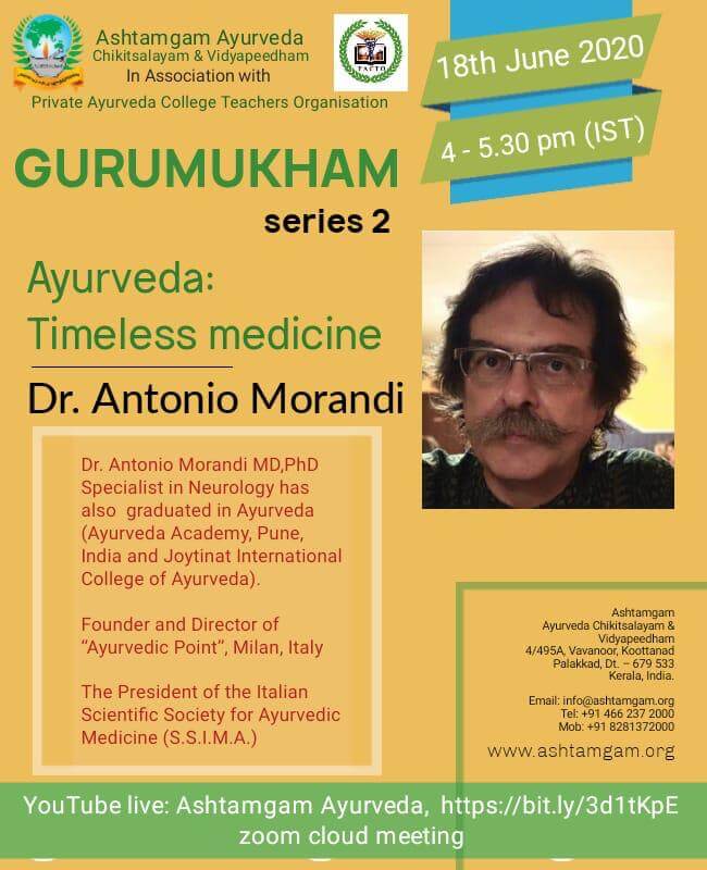 Locandina lezione dr. Morandi al college del Kerala Ashtamgam Ayurveda | Ayurvedic Point©, Milano 