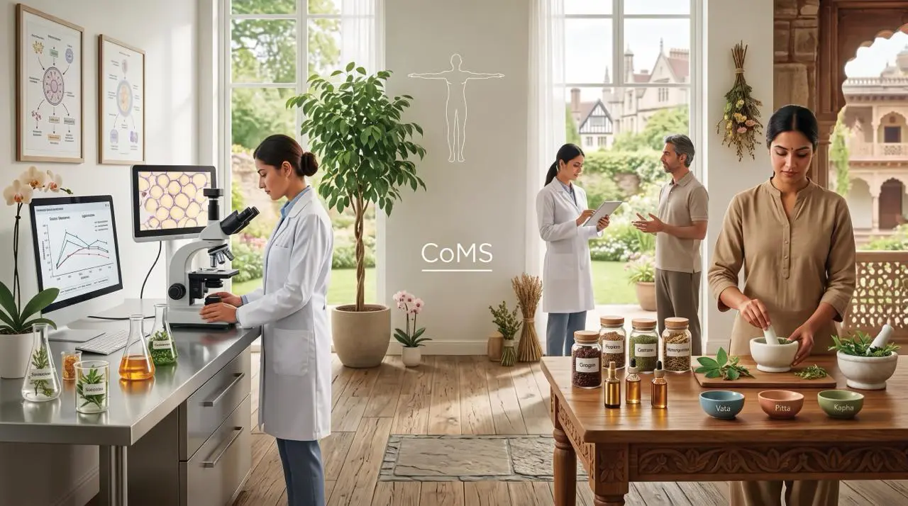 Laboratorio scientifico e cucina ayurvedica a confronto, simbolo del modello CoMS