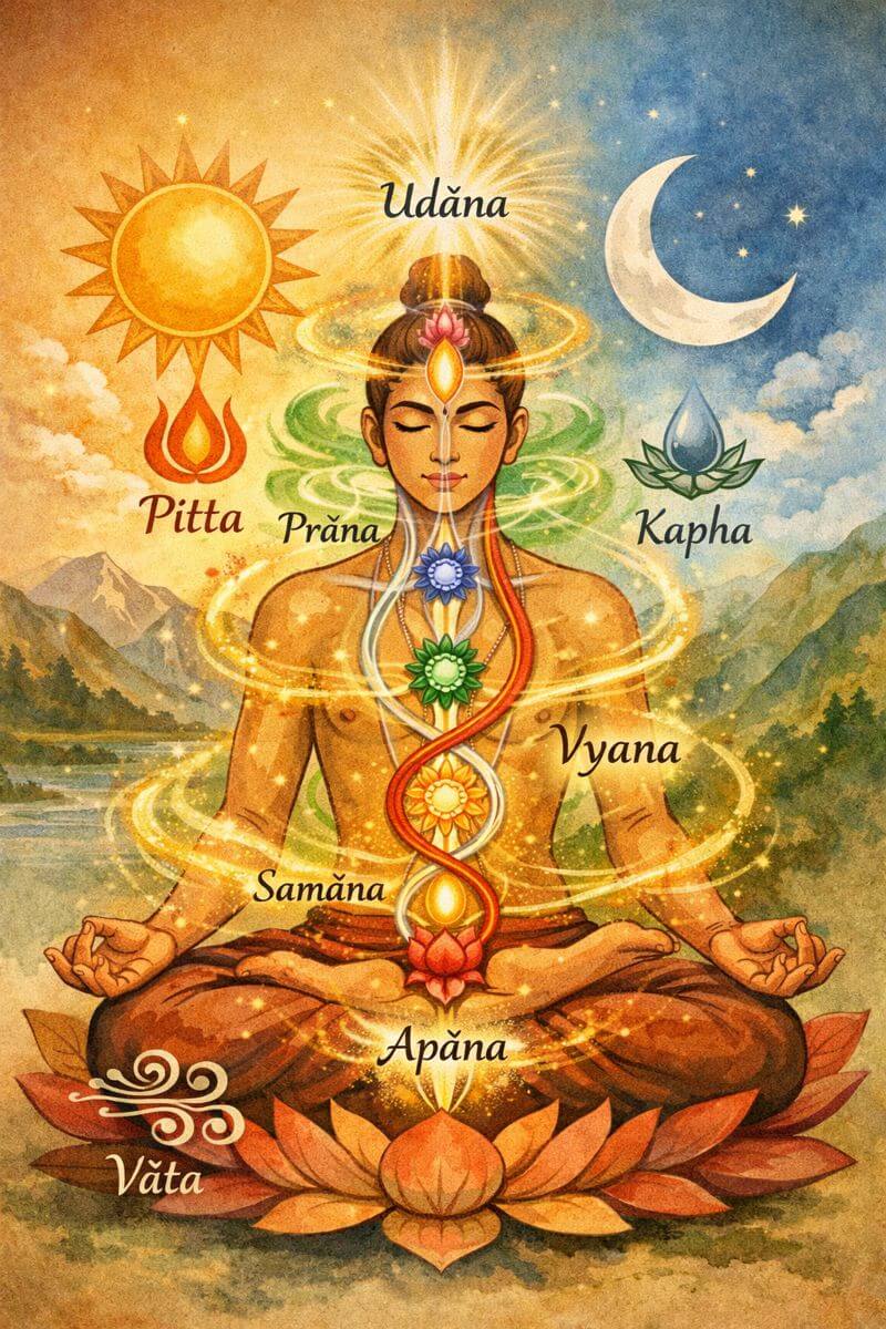 Rappresentazione ayurvedica del Prāṇa, il soffio vitale, con i cinque Vāyu (Prāṇa, Udāna, Samāna, Vyāna, Apāna), i doṣa Vāta Pitta Kapha e i chakra, in una figura in meditazione.