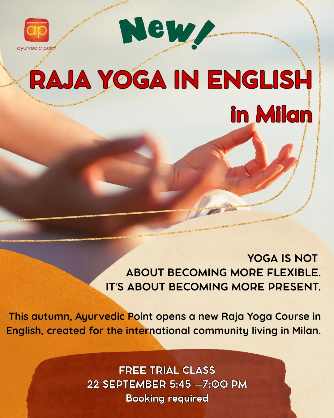 Close-up of hands in jnana mudra during yoga meditation, promotional image for Ayurvedic Point's Raja Yoga Course in English in Milan