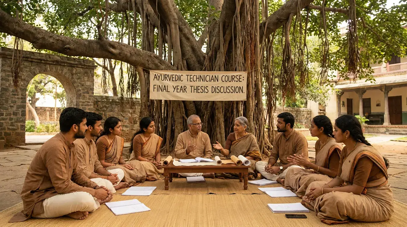 Illustrazione simbolica di docenti e studenti riuniti sotto un albero per la discussione delle tesi del corso tecnici ayurvedici