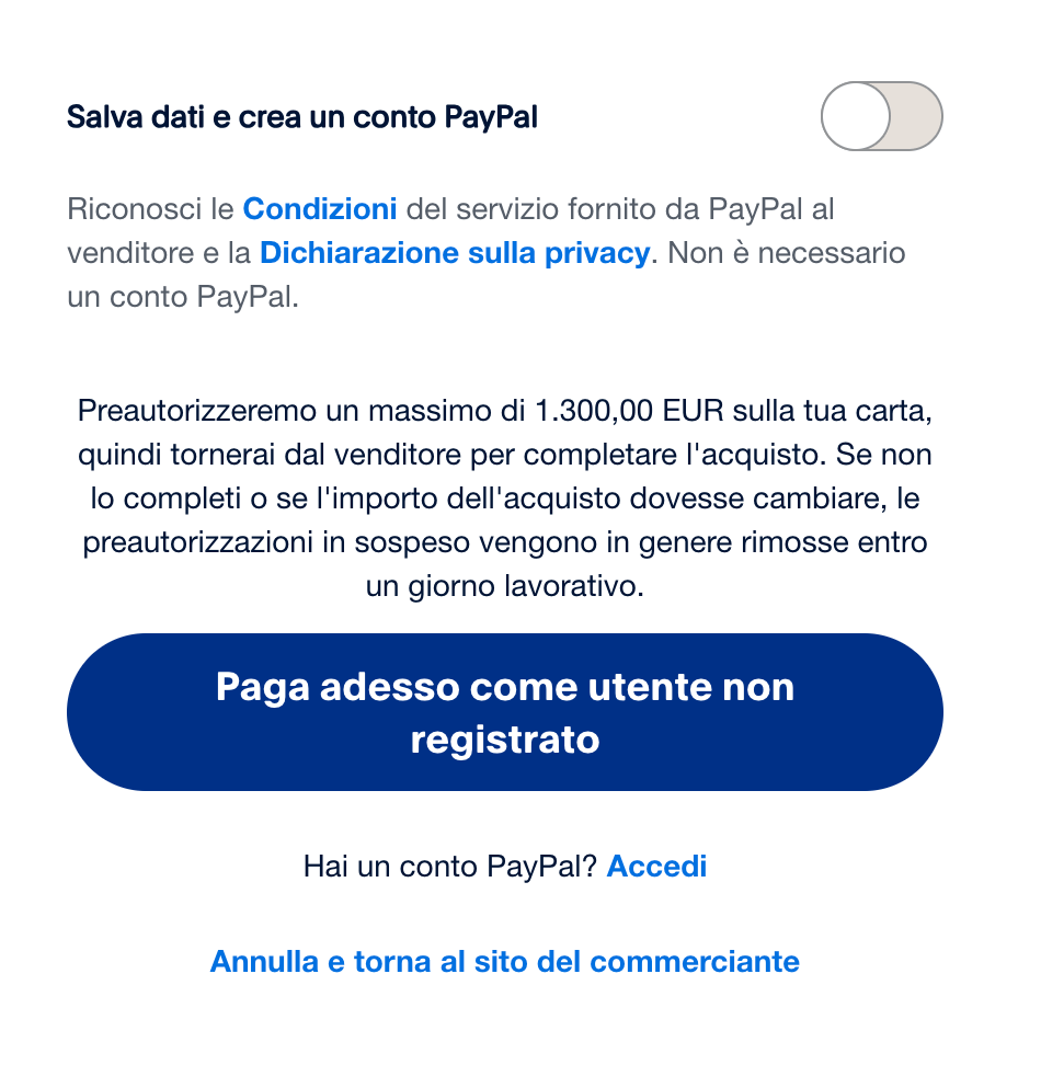paga come utente non registrato